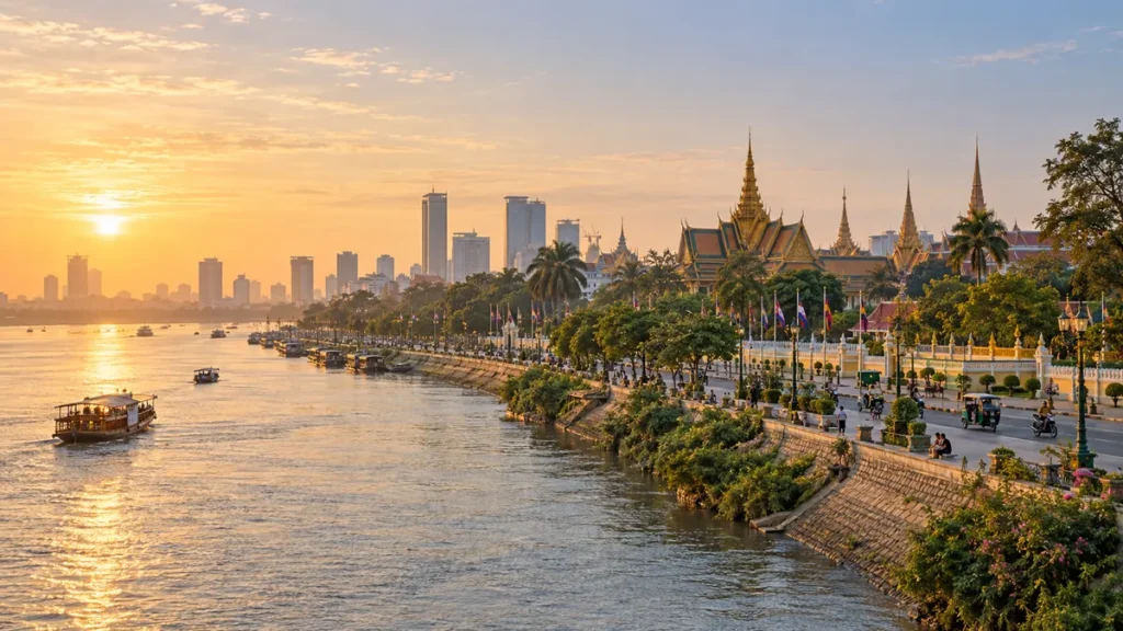 Phnompenh, nábřeží řeky s Královským palácem při západu slunce